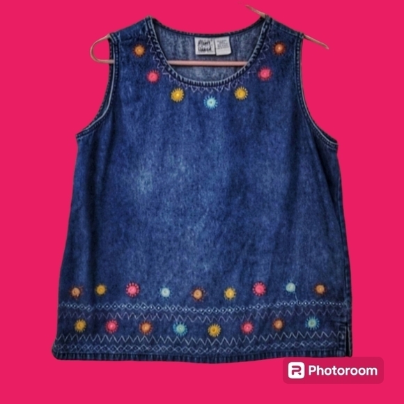 Vtg BLEU BAYOU 1980s Floral Embroidered Chambray Denim Sleeveless Festival Top - Picture 1 of 7